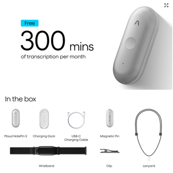 Диктофон Plaud NotePin S Silver с искусственным интеллектом (Pin S silver)
