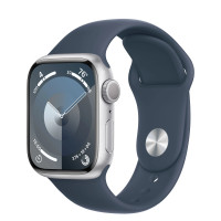 Apple Watch Series 9 GPS 41mm Silver Aluminum Case with Storm Blue Sport Band - M/L