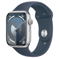 Apple Watch Series 9 GPS 45mm Silver Aluminum Case with Storm Blue Sport Band - M/L