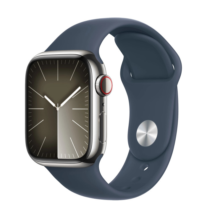 Apple Watch Series 9 GPS + Cellular 45mm Silver Stainless Steel Case with Storm Blue Sport Band - S/M