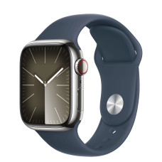 Apple Watch Series 9 GPS + Cellular 45mm Silver Stainless Steel Case with Storm Blue Sport Band - M/L 