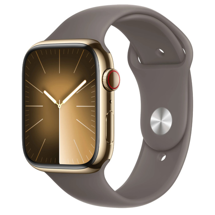 Apple Watch Series 9 GPS + Cellular 45mm Gold Stainless Steel Case with Clay Sport Band - M/L