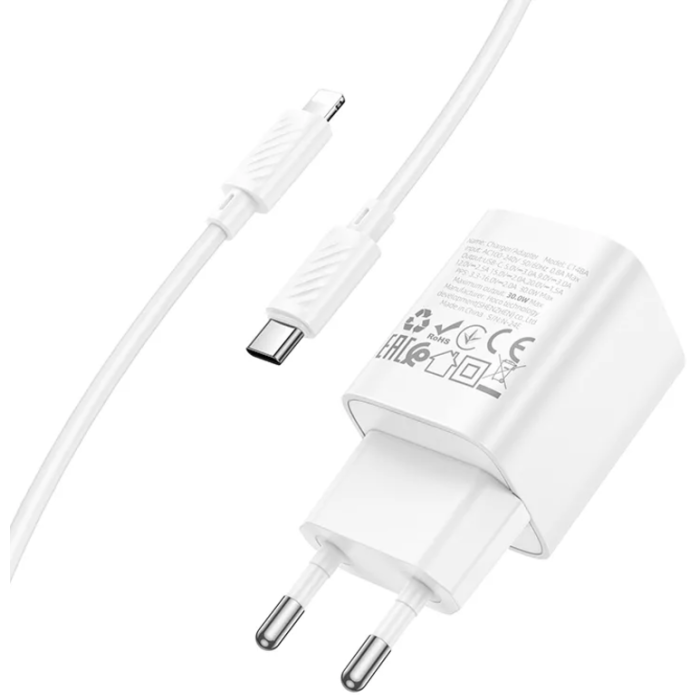 Сетевое зарядное устройство Hoco C148A 1USB-C PD/QC 30W+Type-C to Lightning (Белый)