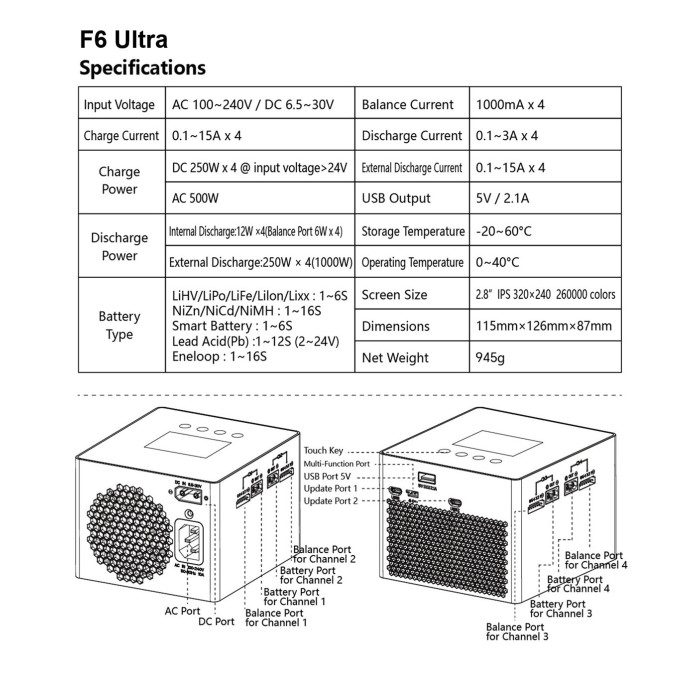 Зарядное устройство HOTA F6 Ultra (AC 500W/DC 1000W)