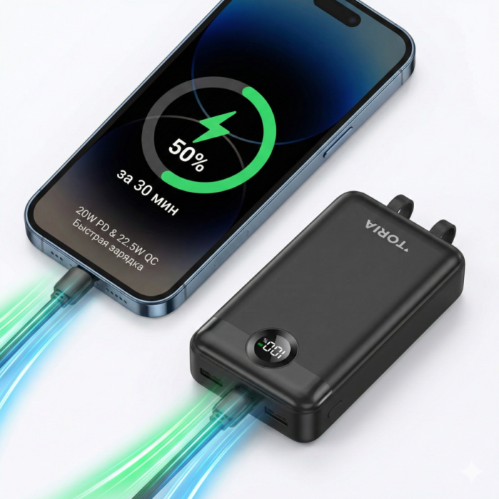 Повербанк TORIMA TRM-1025 20000mAh с быстрой зарядкой PD22.5W Fast 3A и встроенными кабелями