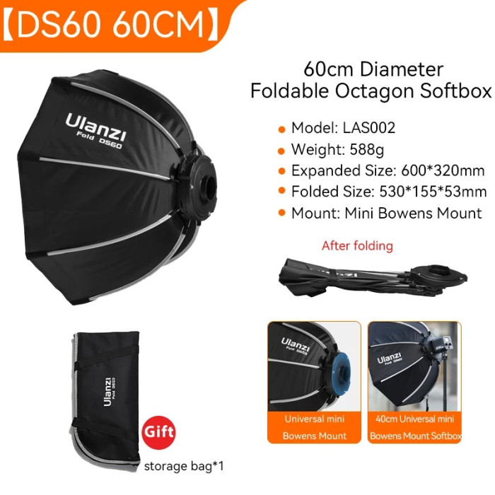 Восьмиугольный софтбокс Ulanzi Vijim 60 см с мини-креплением Bowens и сотами LAS002 (L068)